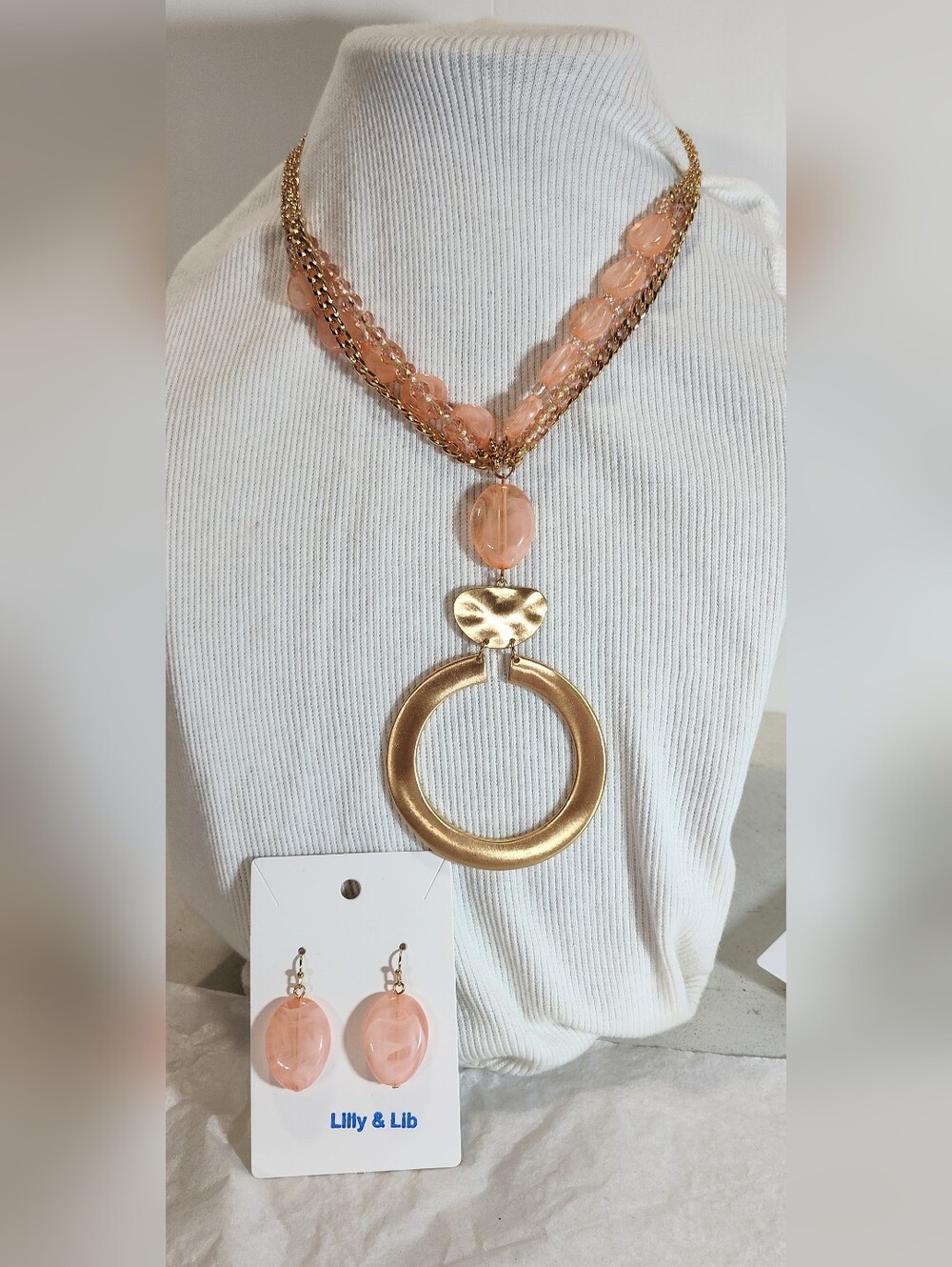Pink Peach Gold Statement Necklace & Earrings Set Nickel Free